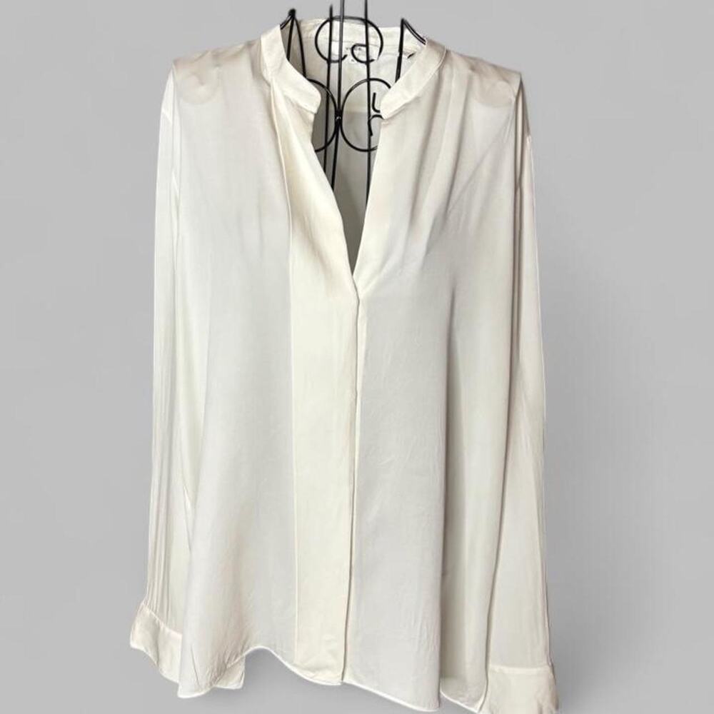 Vince XL Off White Silk Satin Band Collar Split Neck Long Sleeve Tunic Blouse⁠